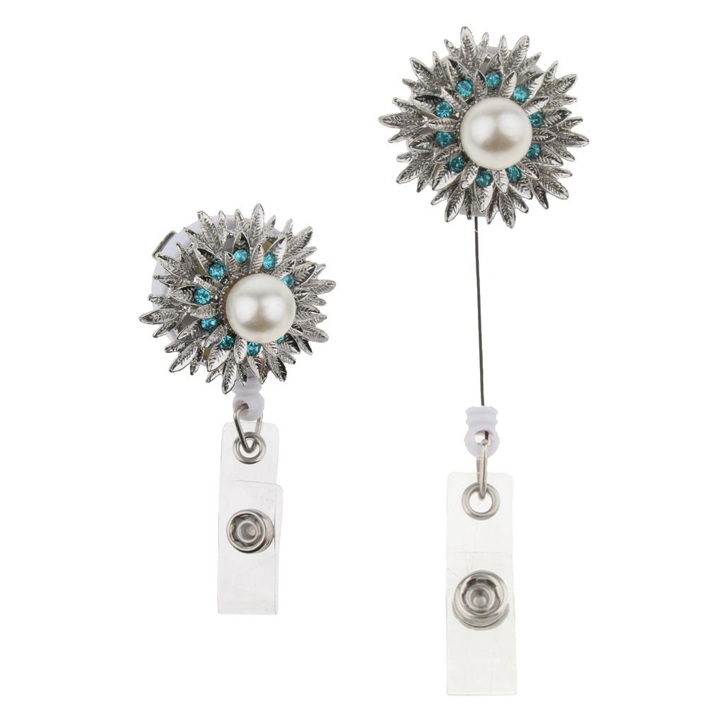 Rhienstone Alloy ID Badge Holder Reel Name Tag Card Clip Blue sunflower