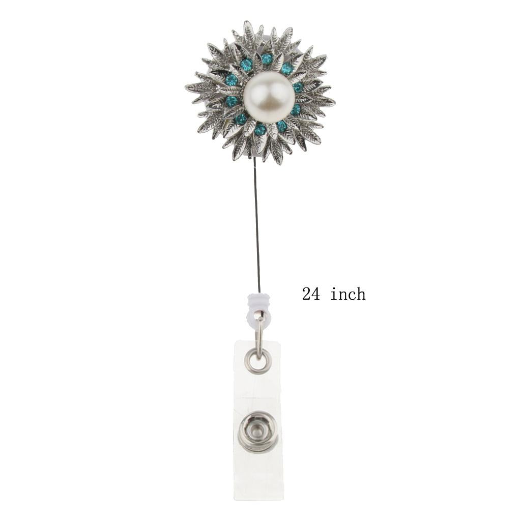 Rhienstone Alloy ID Badge Holder Reel Name Tag Card Clip Blue sunflower