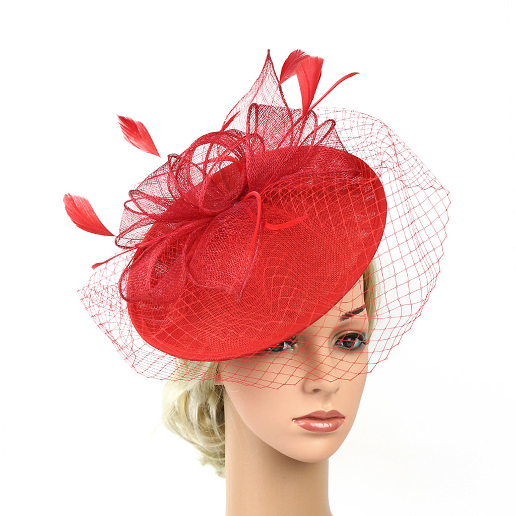 Sinamay Hat Feather Headband Fascinator Veil Wedding Royal Ascot Red