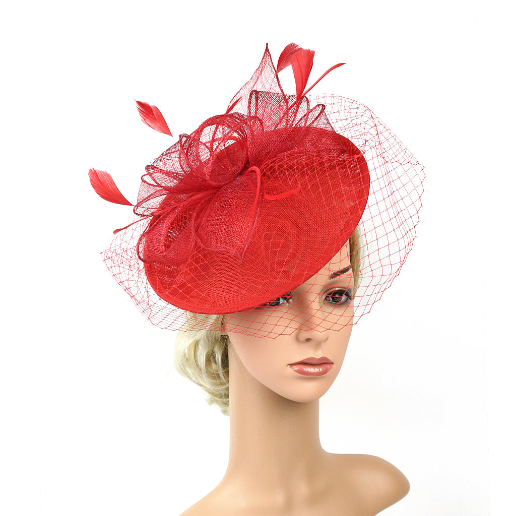 Sinamay Hat Feather Headband Fascinator Veil Wedding Royal Ascot Red