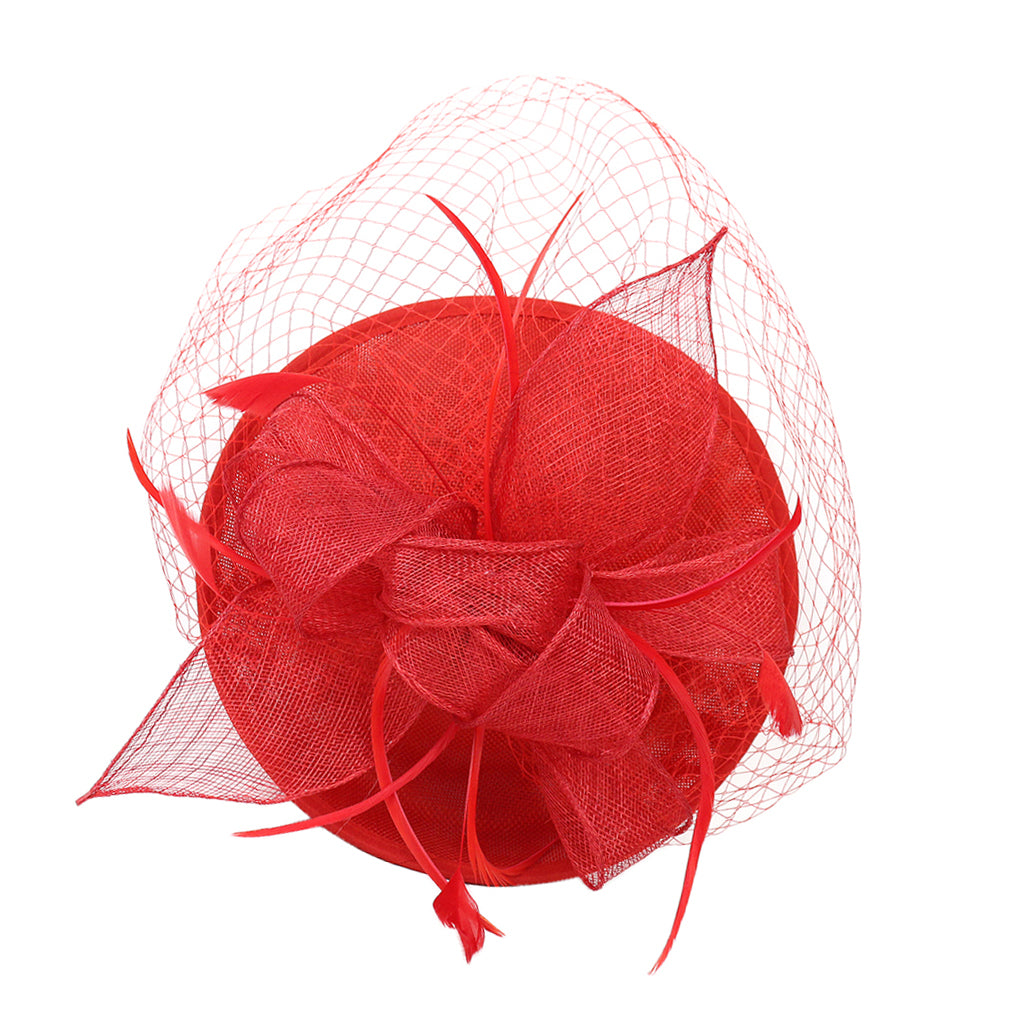 Sinamay Hat Feather Headband Fascinator Veil Wedding Royal Ascot Red