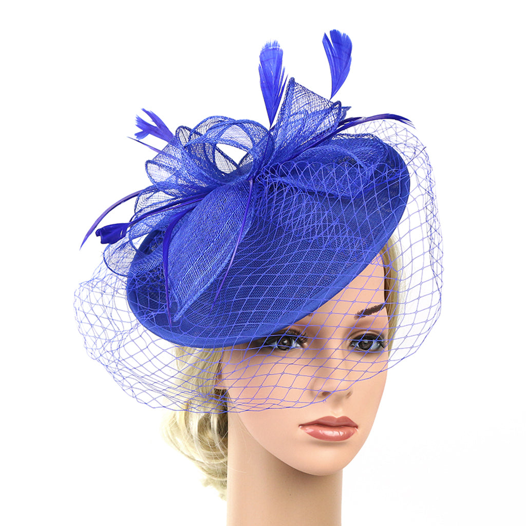 Sinamay Hat Feather Headband Fascinator Veil Wedding Royal Ascot Blue