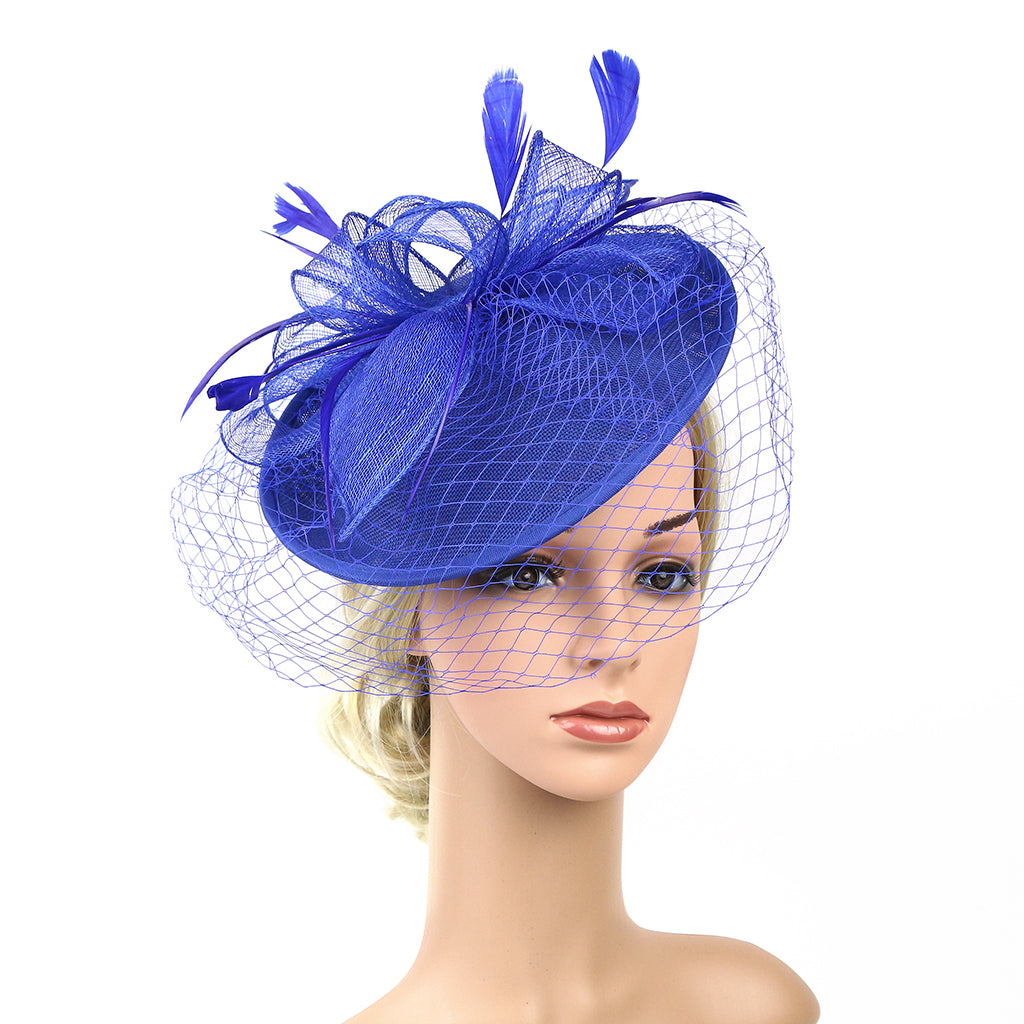 Sinamay Hat Feather Headband Fascinator Veil Wedding Royal Ascot Blue