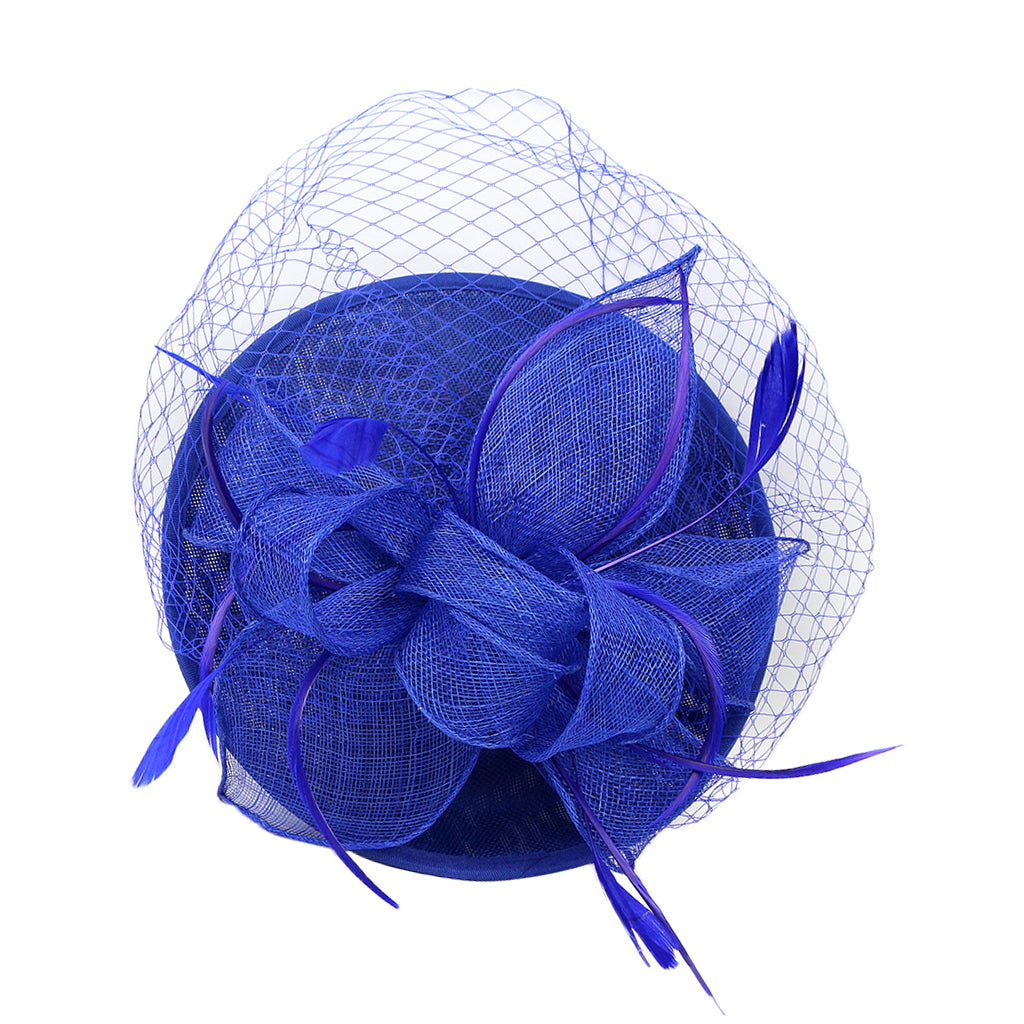Sinamay Hat Feather Headband Fascinator Veil Wedding Royal Ascot Blue
