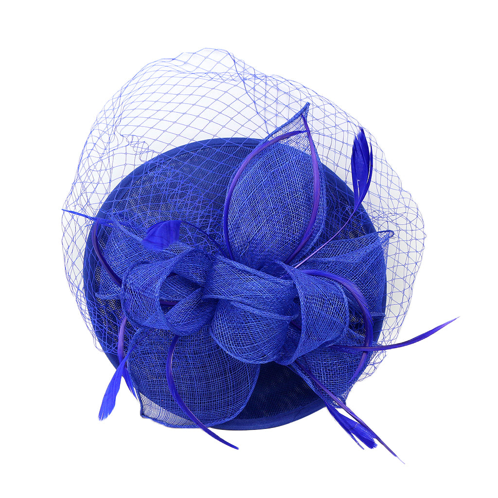 Sinamay Hat Feather Headband Fascinator Veil Wedding Royal Ascot Blue