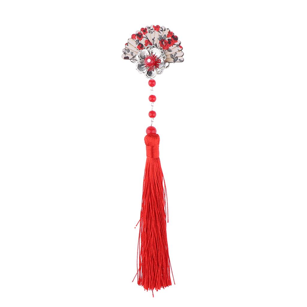 Vintage Fan Shaped Hair Clip Pin Long Tassel Kimono Headpiece Costume Red