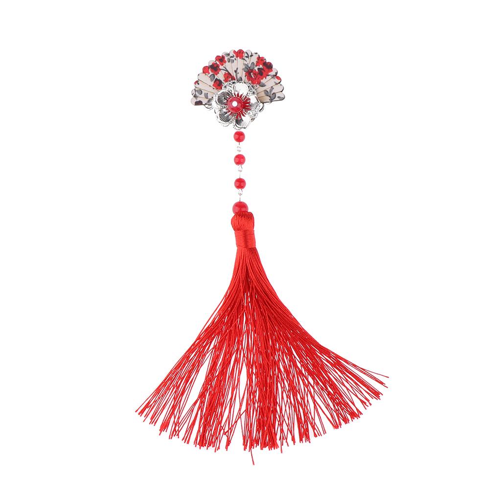 Vintage Fan Shaped Hair Clip Pin Long Tassel Kimono Headpiece Costume Red