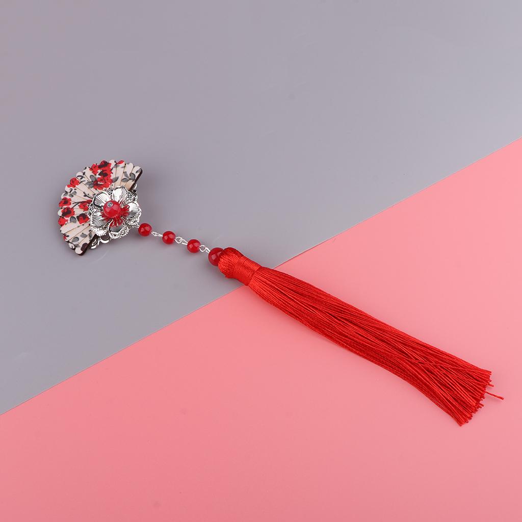 Vintage Fan Shaped Hair Clip Pin Long Tassel Kimono Headpiece Costume Red