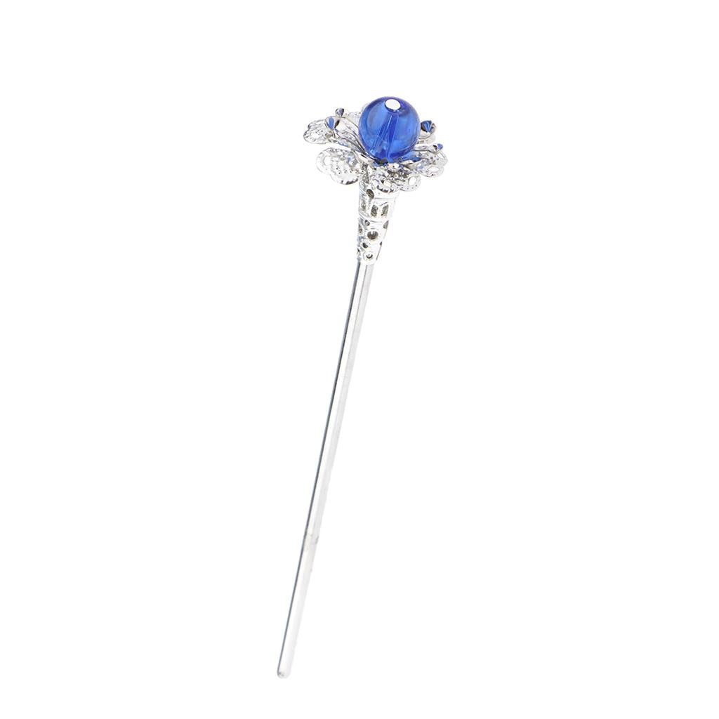 Retro Chinese Petunia Flower Hair Stick Wedding Bridal Chignon Pin Blue