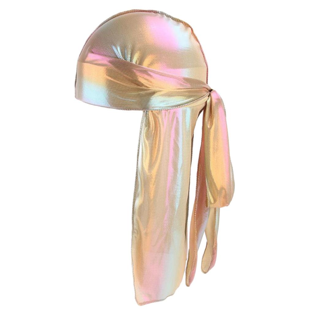 Shiny Rainbow Silky Chemo Scarf Cap Musilim Hat Durag Headwrap Gold