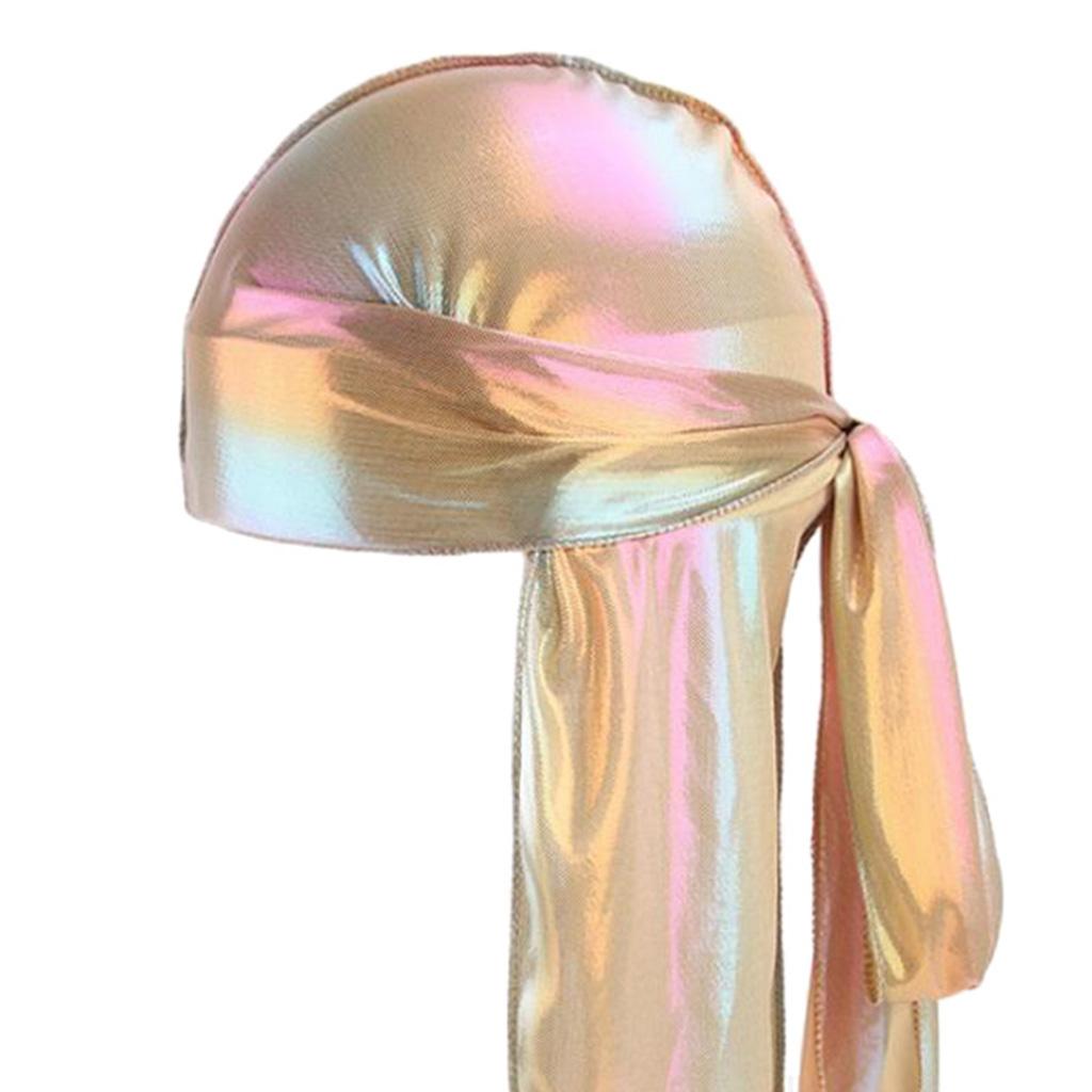 Shiny Rainbow Silky Chemo Scarf Cap Musilim Hat Durag Headwrap Gold