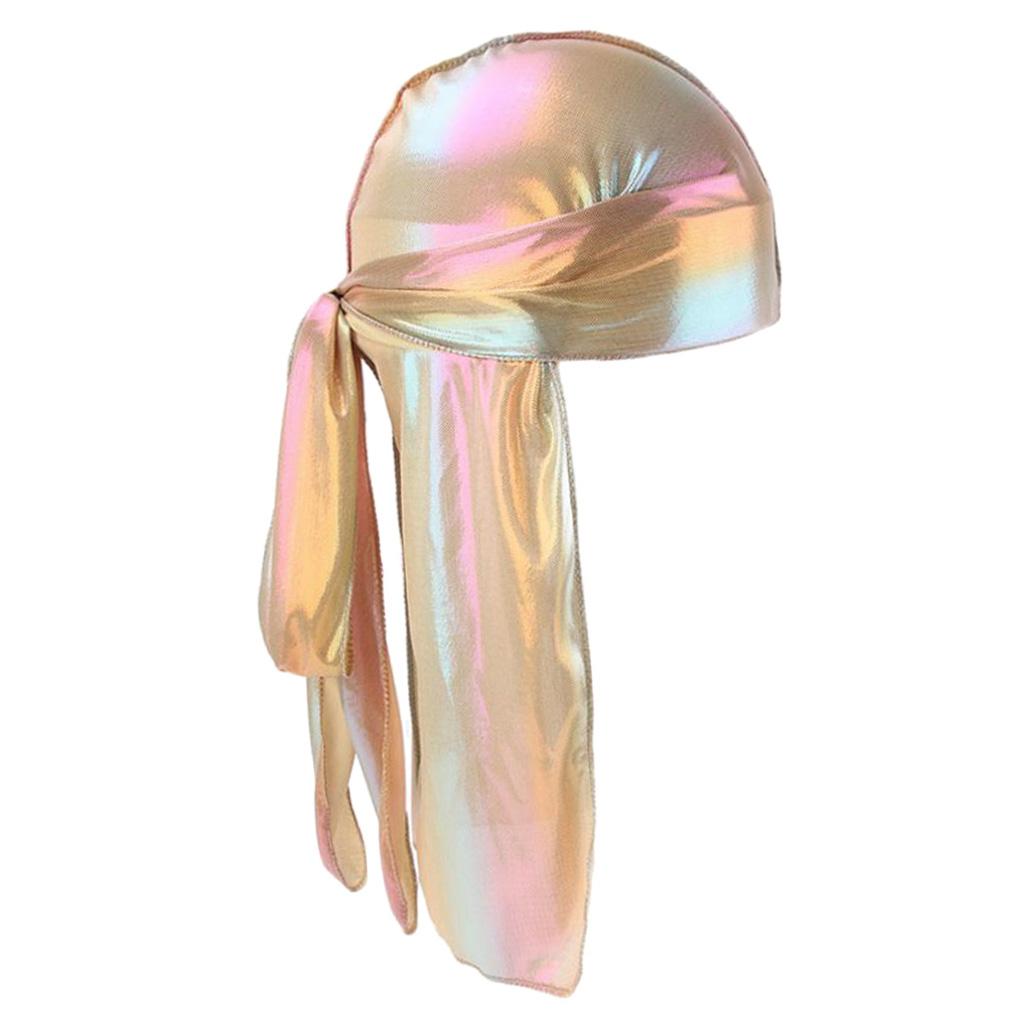 Shiny Rainbow Silky Chemo Scarf Cap Musilim Hat Durag Headwrap Gold
