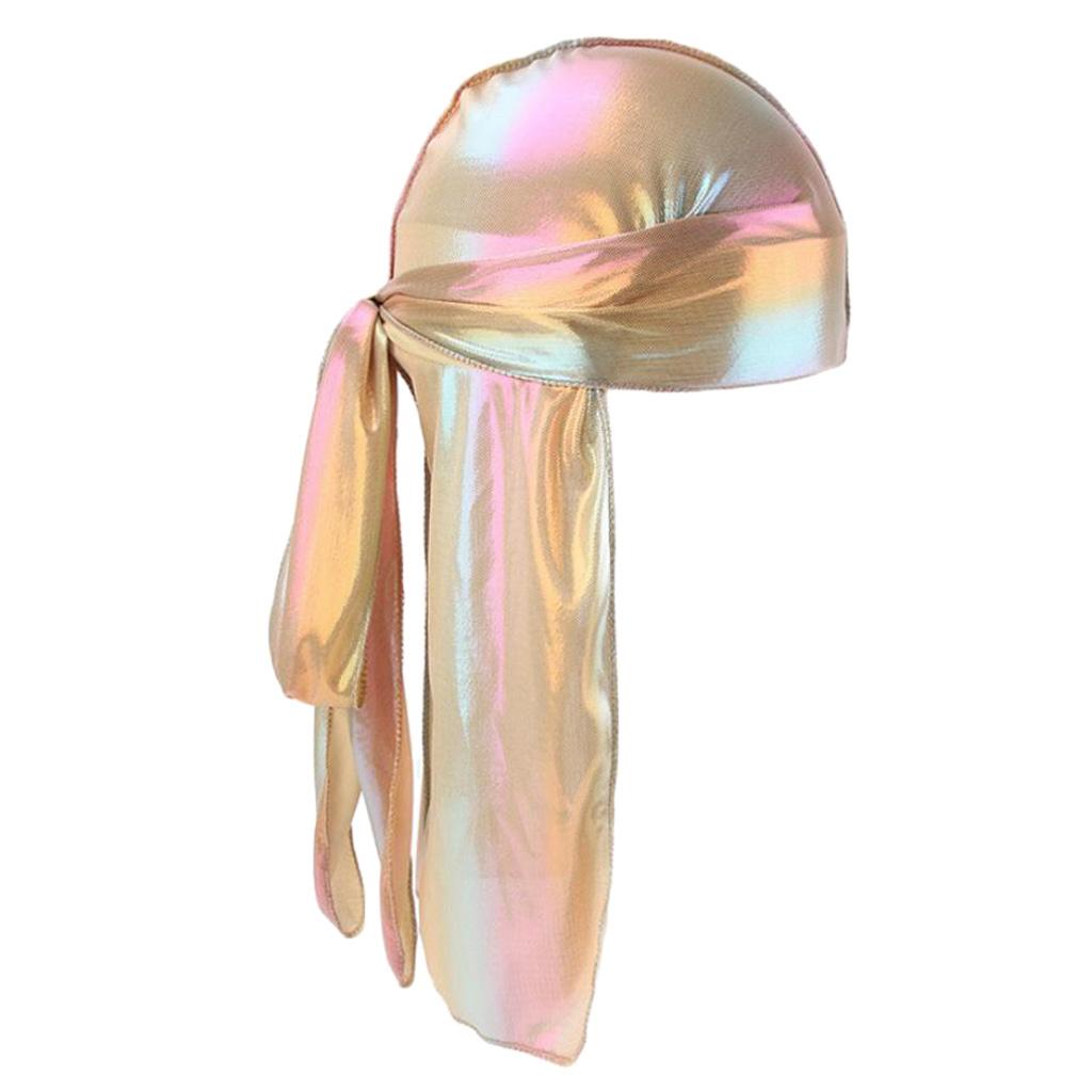 Shiny Rainbow Silky Chemo Scarf Cap Musilim Hat Durag Headwrap Gold