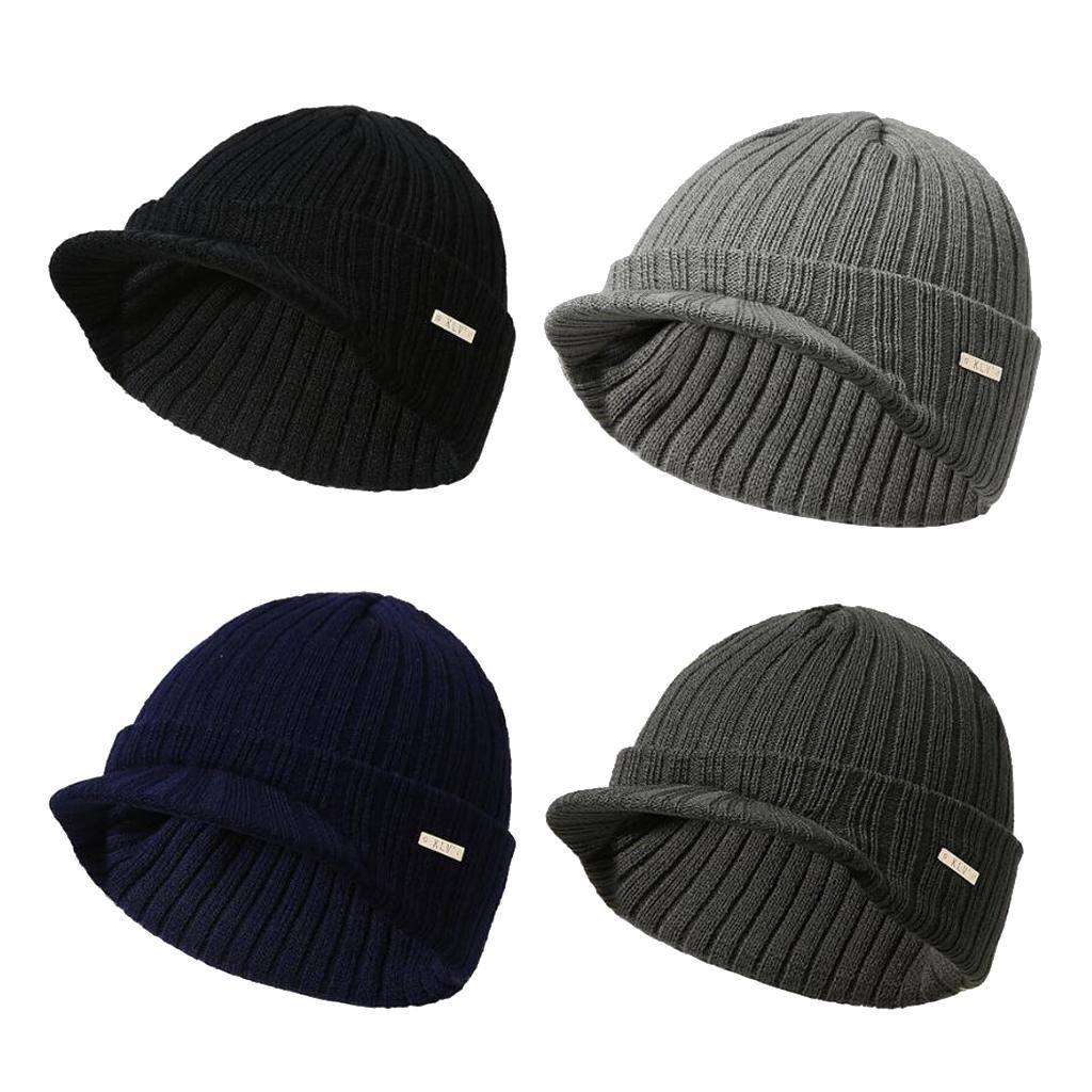 Men's Winter Warm Visor Brim Beanie Knit Baseball Cap Skull Hat Black
