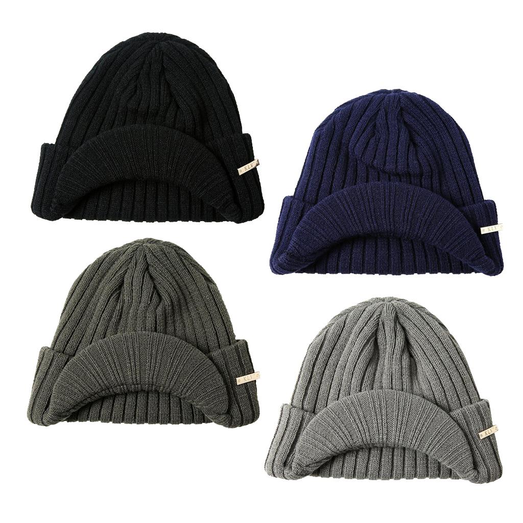 Men's Winter Warm Visor Brim Beanie Knit Baseball Cap Skull Hat Black