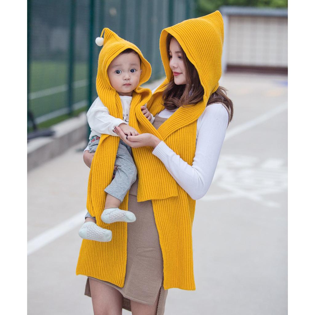 Parent-child Winter Knit Hooded Scarf Headscarf Neck Warmer Hoodie Hat Yellow