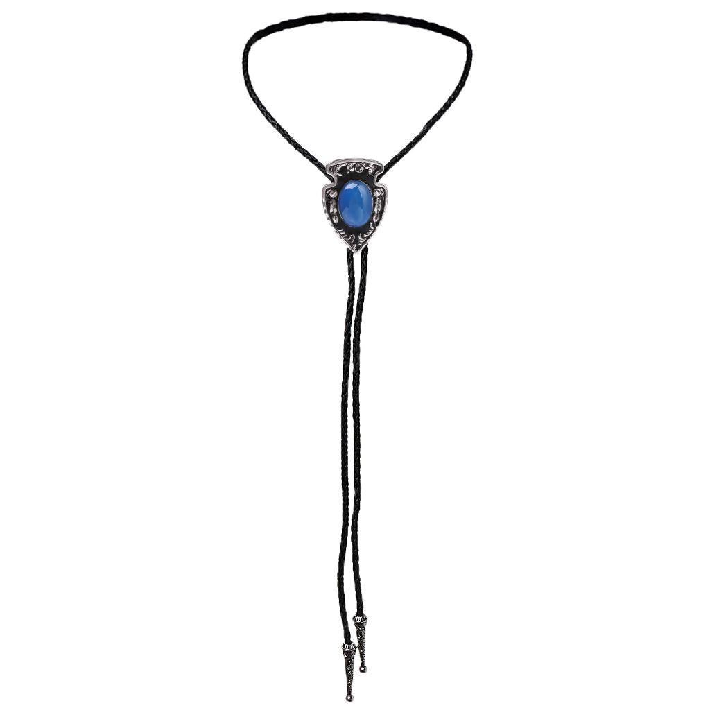 Vintage Oval Agate Leather Bolo Tie Necktie Rodeo Western Cowboy Necklace Blue
