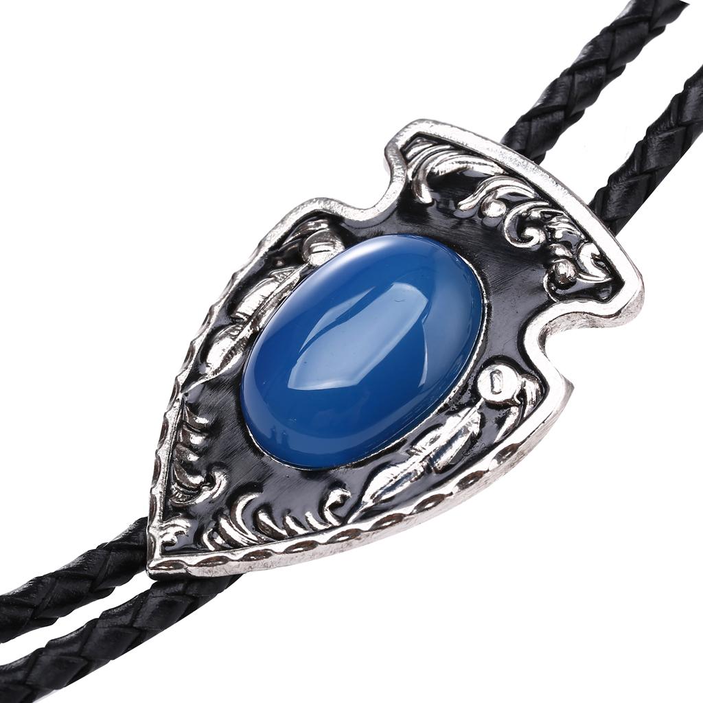 Vintage Oval Agate Leather Bolo Tie Necktie Rodeo Western Cowboy Necklace Blue