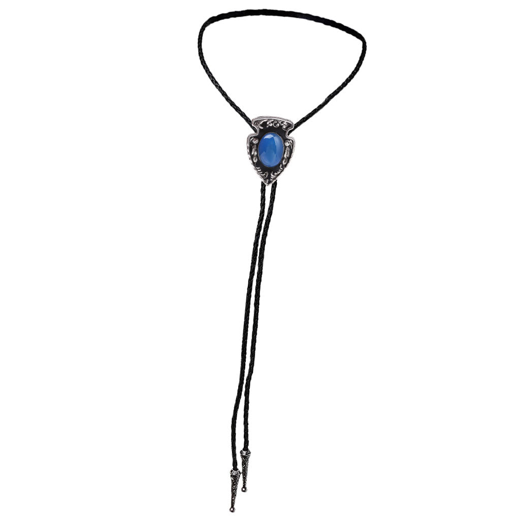 Vintage Oval Agate Leather Bolo Tie Necktie Rodeo Western Cowboy Necklace Blue