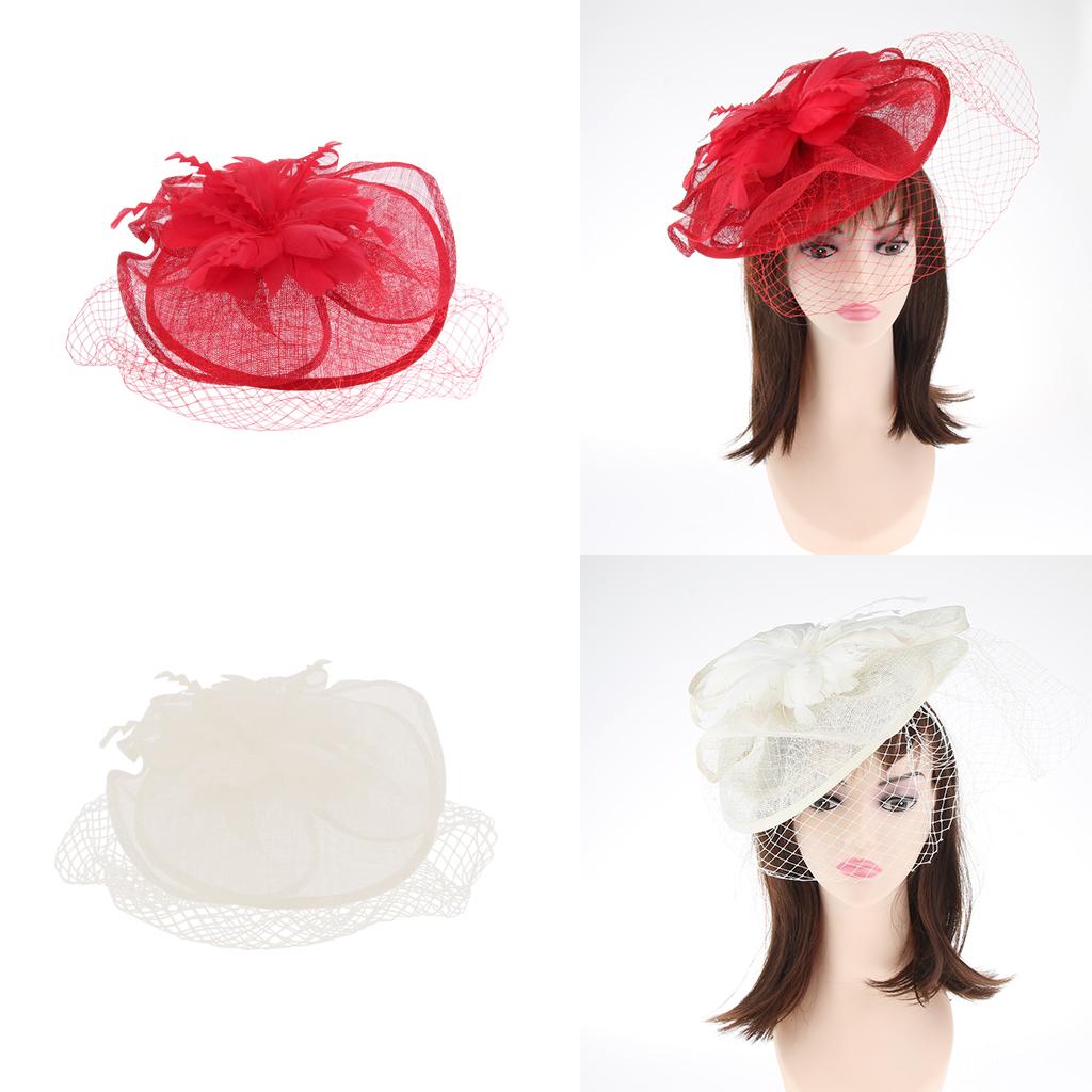 Womens Flower Veil Feather Fascinator Hat Party Wedding Party Headwear Red