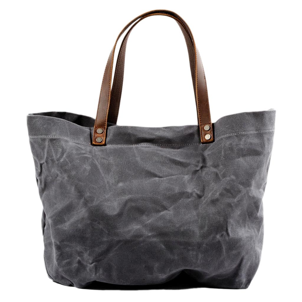 Women's Waxed Canvas Waterproof Shoulder Bag Large Capacity Tote Bag Gray