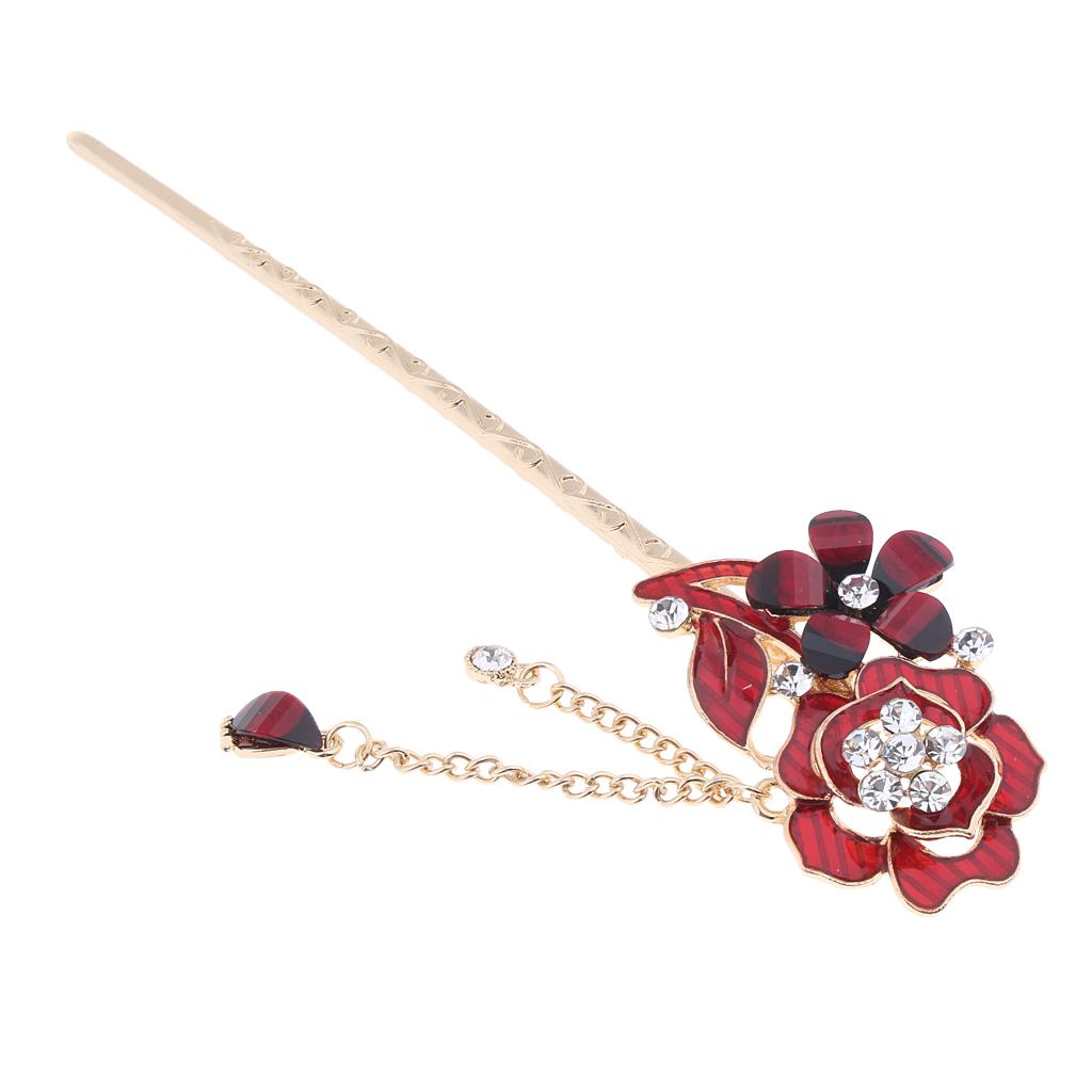 Chinese Hair Stick Hair Decor Flower Rhinestone Wedding Party Hairpin Red