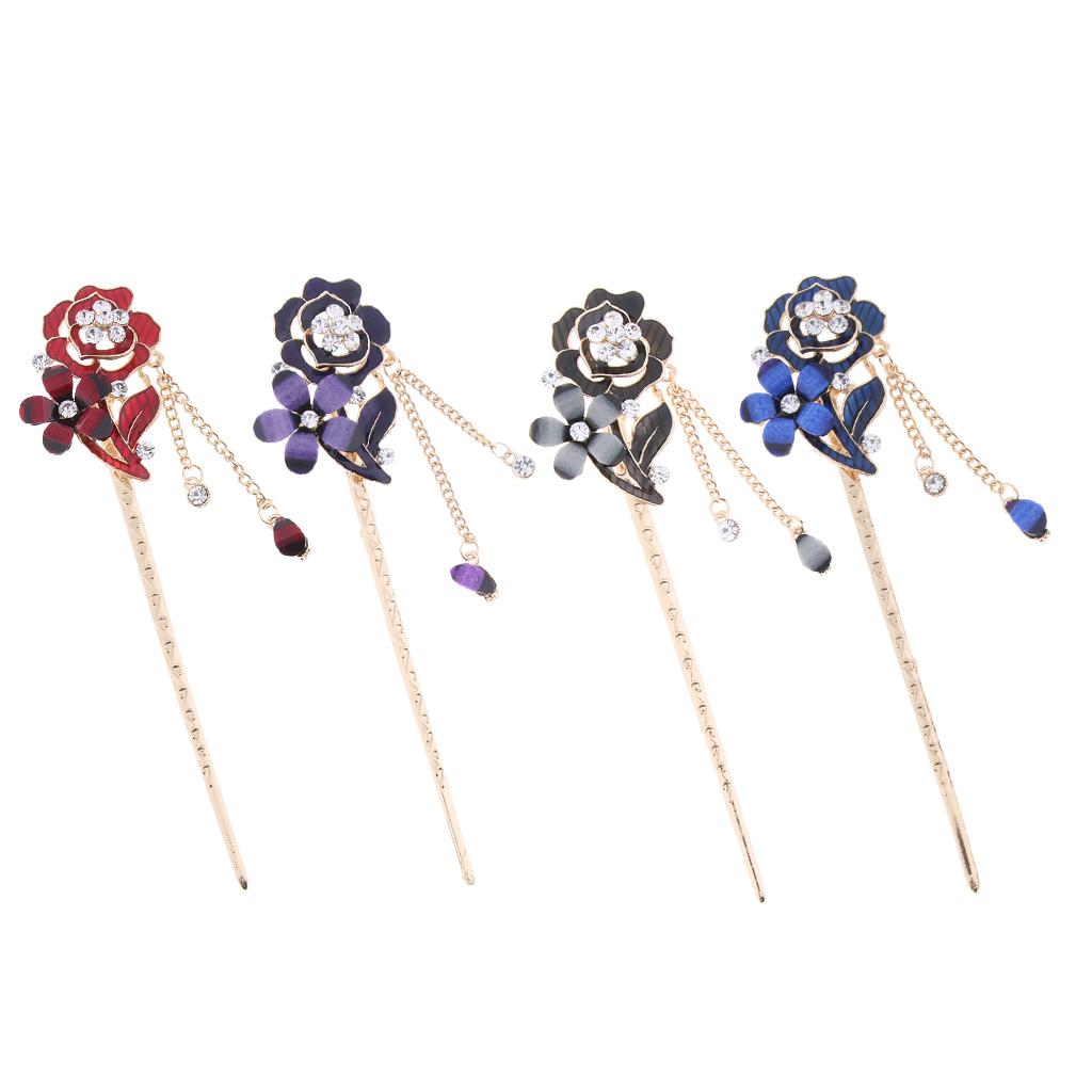 Chinese Hair Stick Hair Decor Flower Rhinestone Wedding Party Hairpin Red