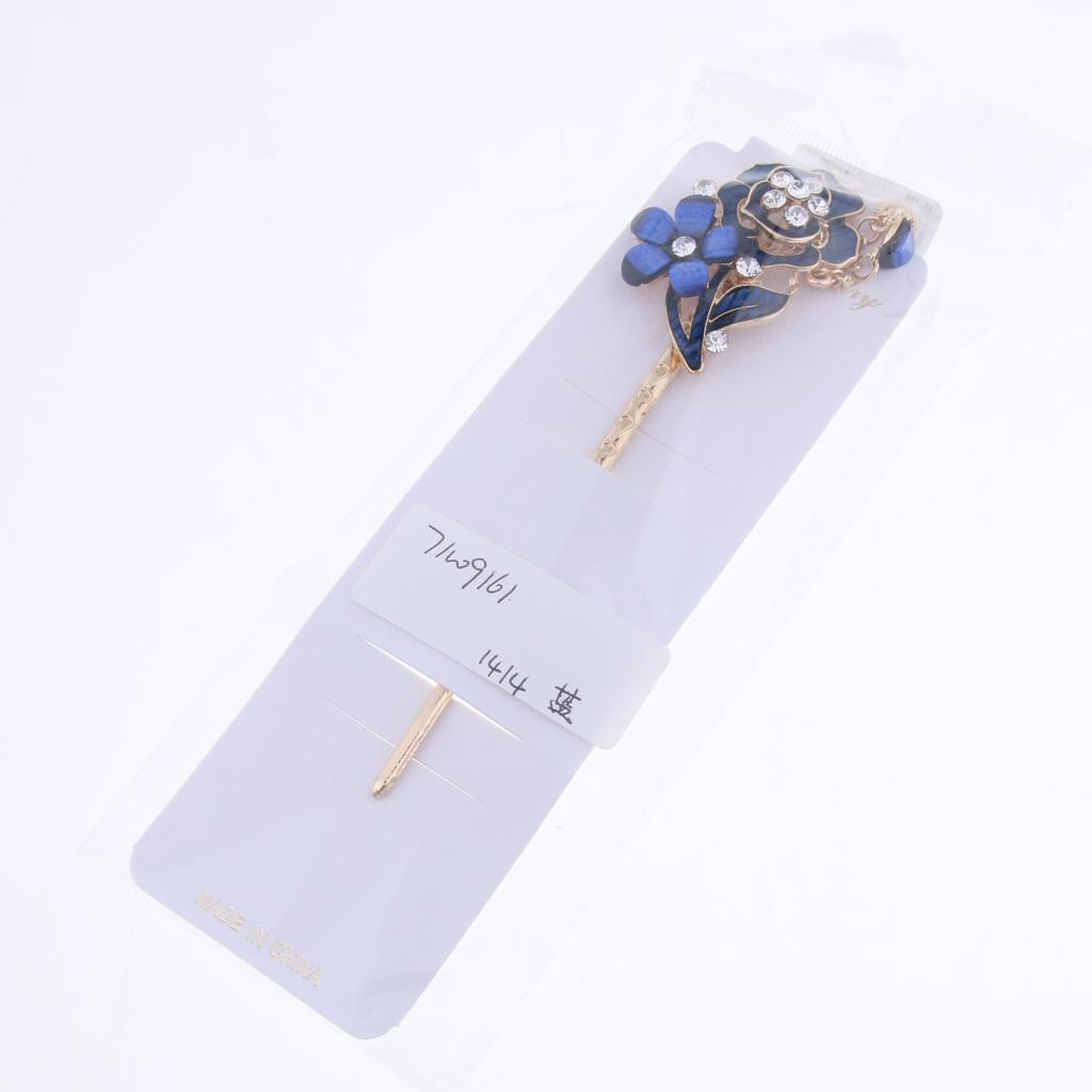 Chinese Hair Stick Hair Decor Flower Rhinestone Wedding Party Hairpin Blue