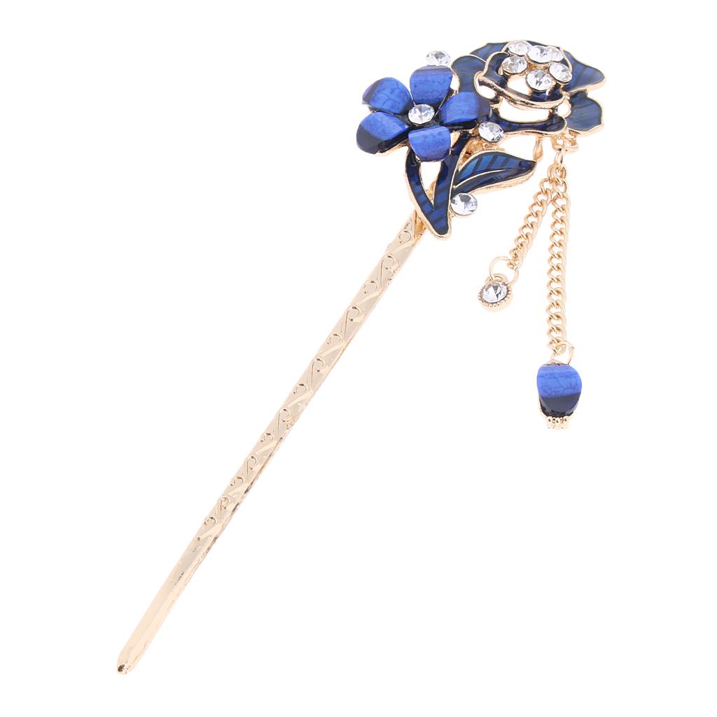 Chinese Hair Stick Hair Decor Flower Rhinestone Wedding Party Hairpin Blue