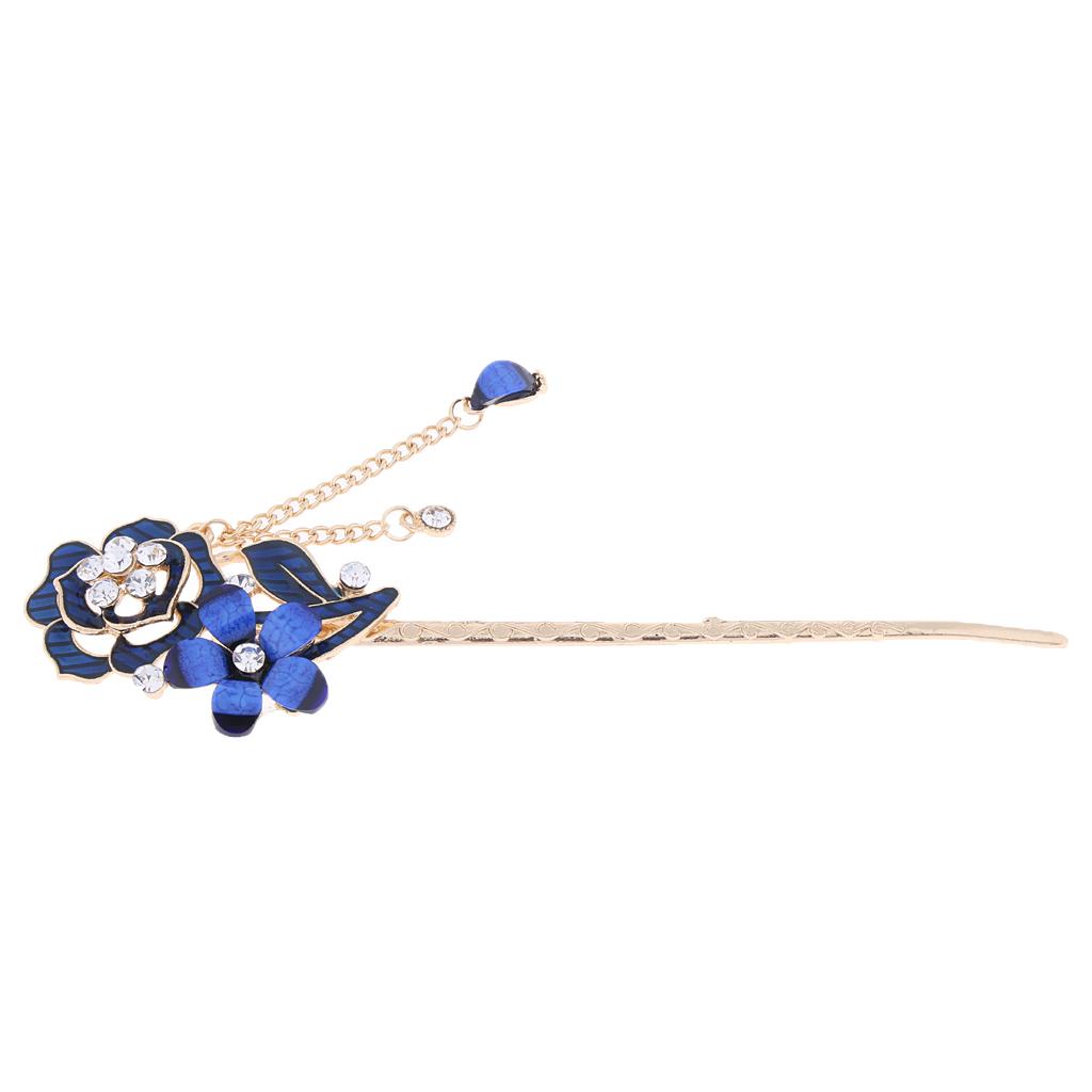 Chinese Hair Stick Hair Decor Flower Rhinestone Wedding Party Hairpin Blue