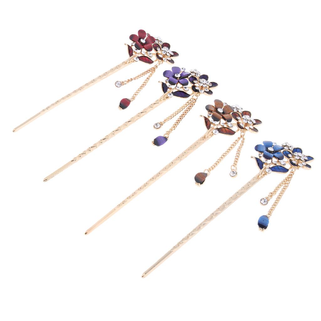 Chinese Hair Chopsticks Crystal Rhinestone Flower Hair Stick Pins Red