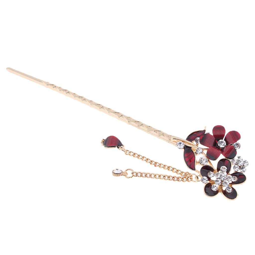Chinese Hair Chopsticks Crystal Rhinestone Flower Hair Stick Pins Red
