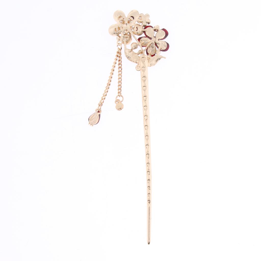 Chinese Hair Chopsticks Crystal Rhinestone Flower Hair Stick Pins Red