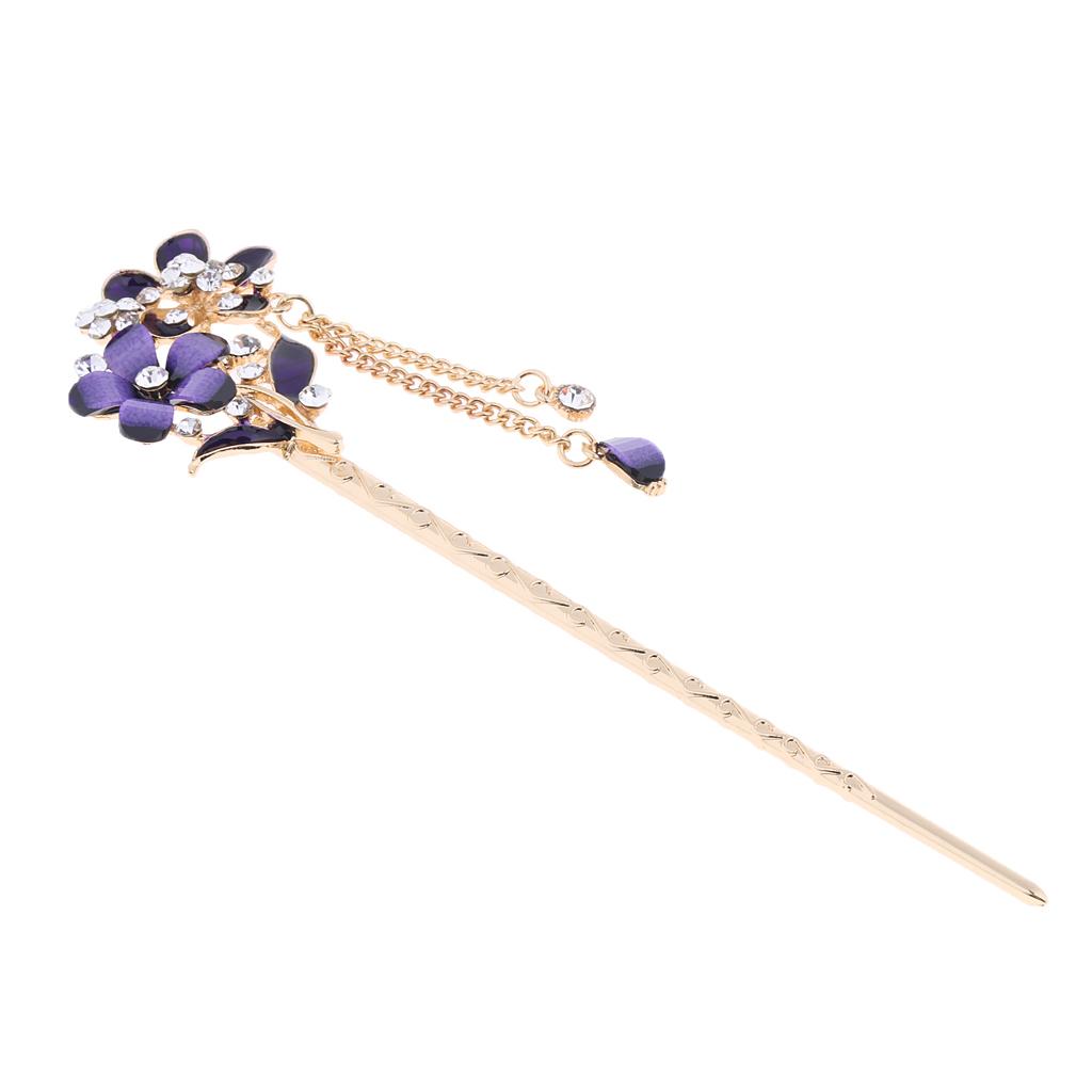 Chinese Hair Chopsticks Crystal Rhinestone Flower Hair Stick Pins Purple