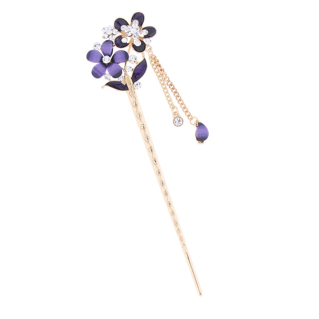 Chinese Hair Chopsticks Crystal Rhinestone Flower Hair Stick Pins Purple