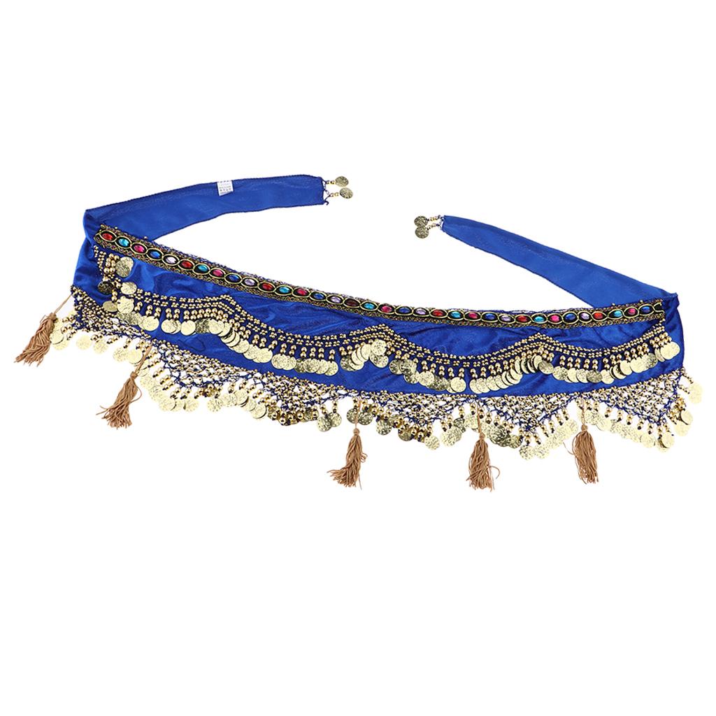 Womens Sequins Belly Dance Hip Scarf Wrap Skirt with Gold Coins Blue