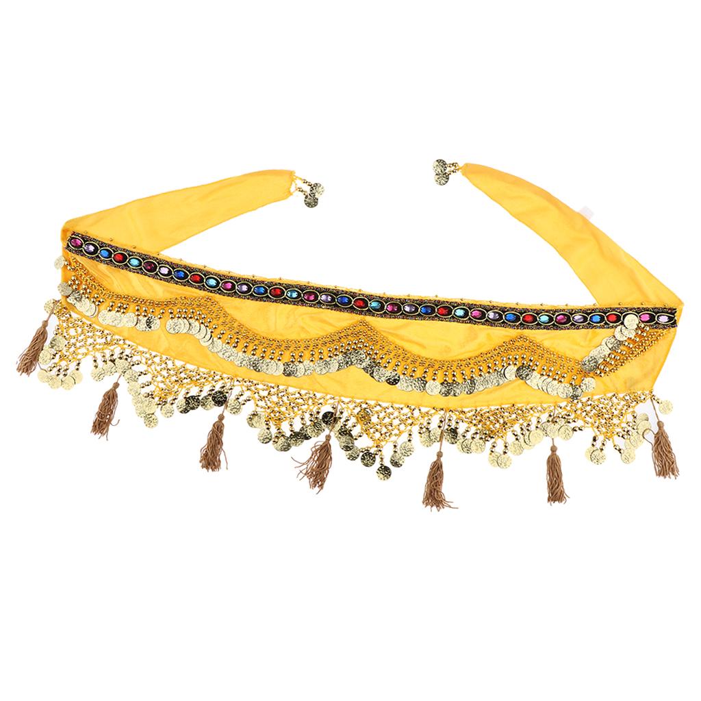 Womens Sequins Belly Dance Hip Scarf Wrap Skirt with Gold Coins Yellow