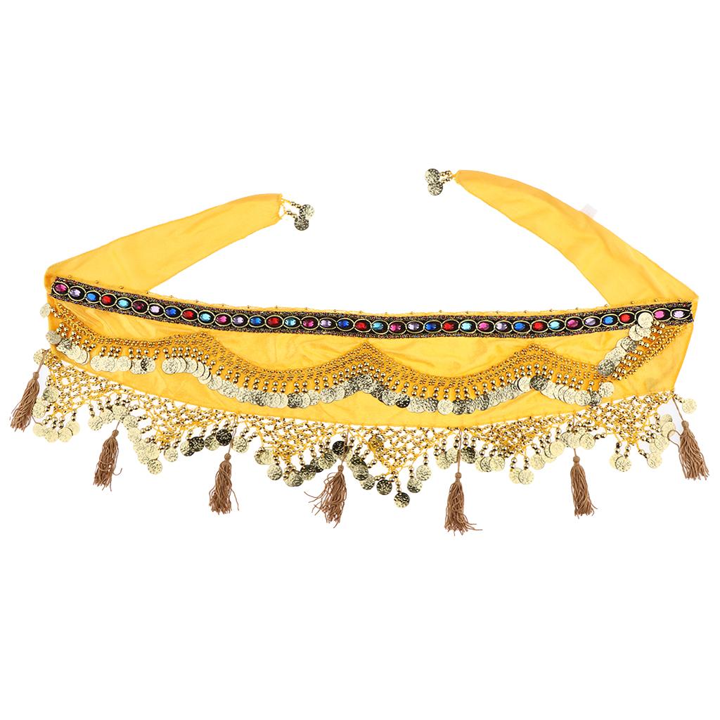 Womens Sequins Belly Dance Hip Scarf Wrap Skirt with Gold Coins Yellow