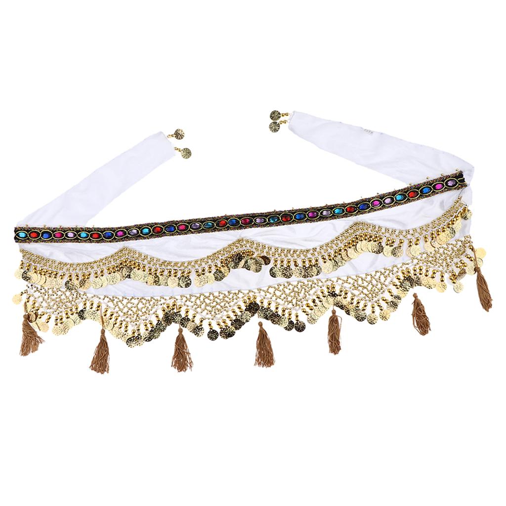 Womens Sequins Belly Dance Hip Scarf Wrap Skirt with Gold Coins White