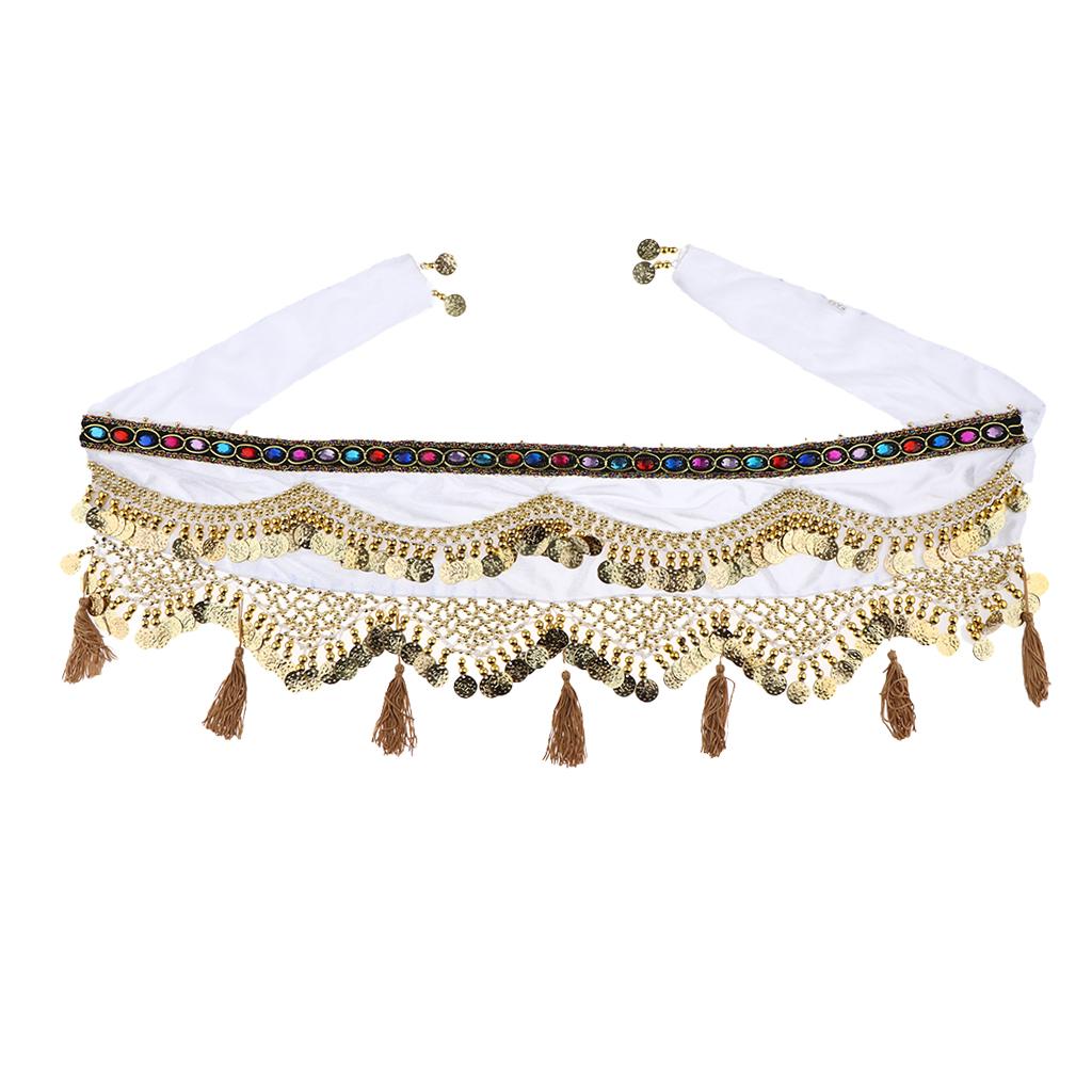 Womens Sequins Belly Dance Hip Scarf Wrap Skirt with Gold Coins White