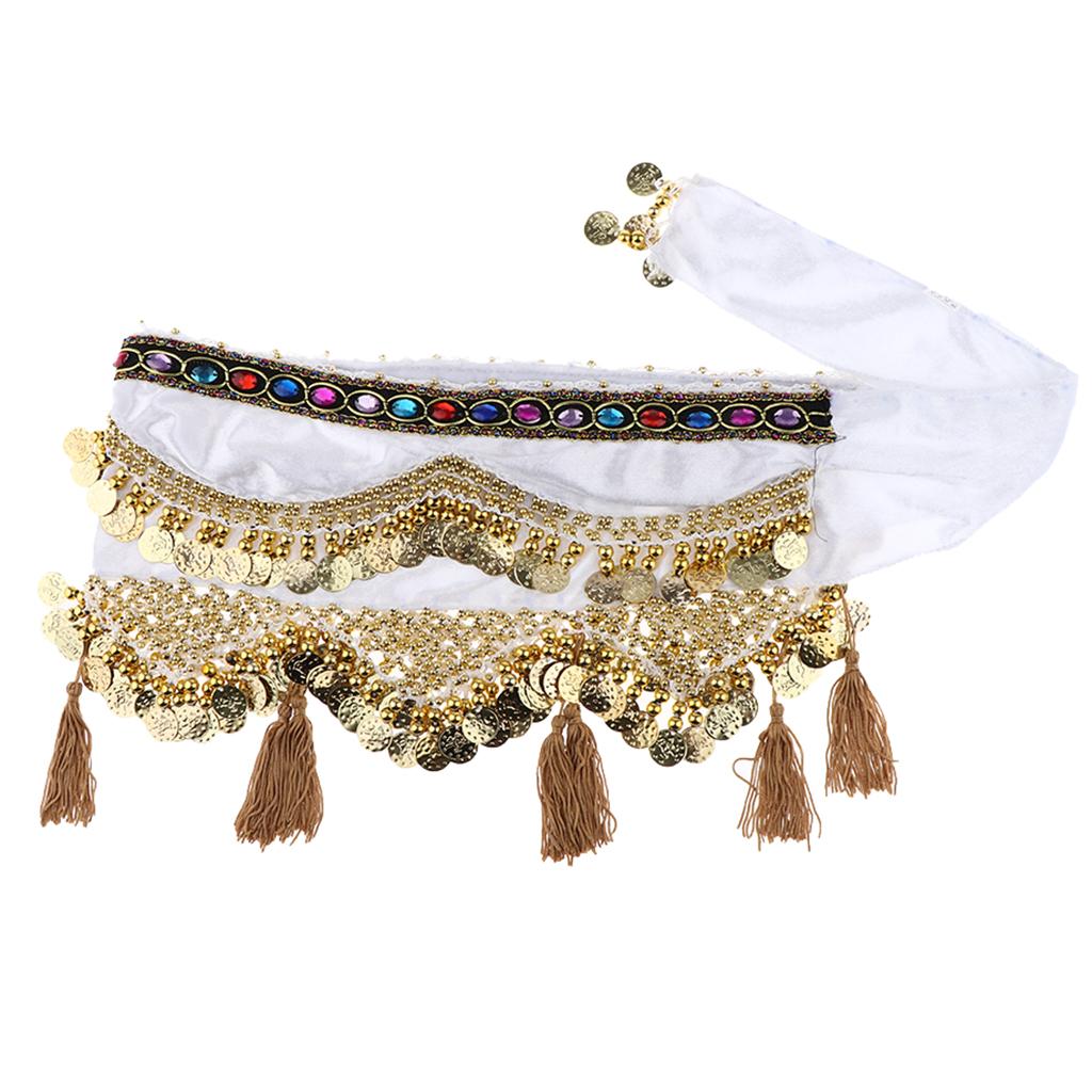 Womens Sequins Belly Dance Hip Scarf Wrap Skirt with Gold Coins White