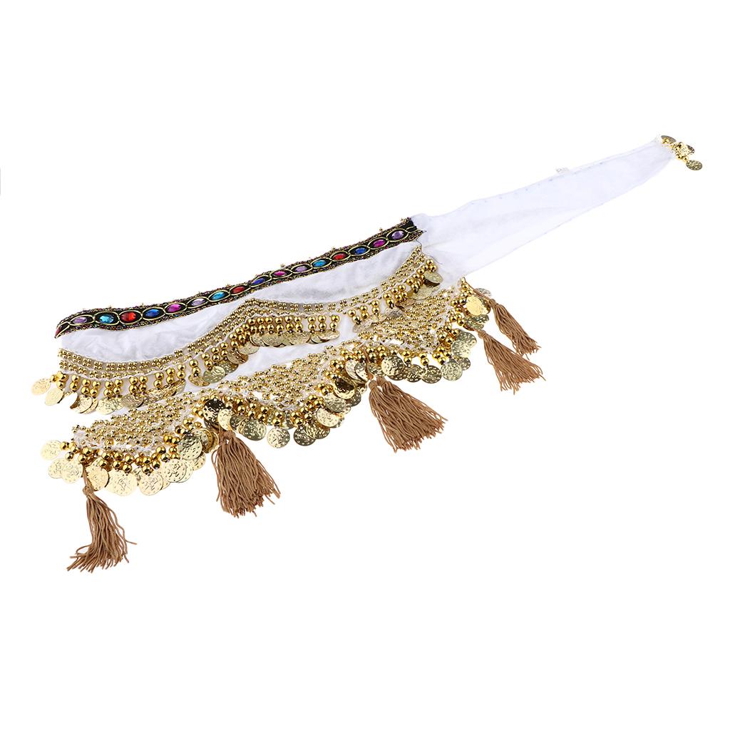 Womens Sequins Belly Dance Hip Scarf Wrap Skirt with Gold Coins White