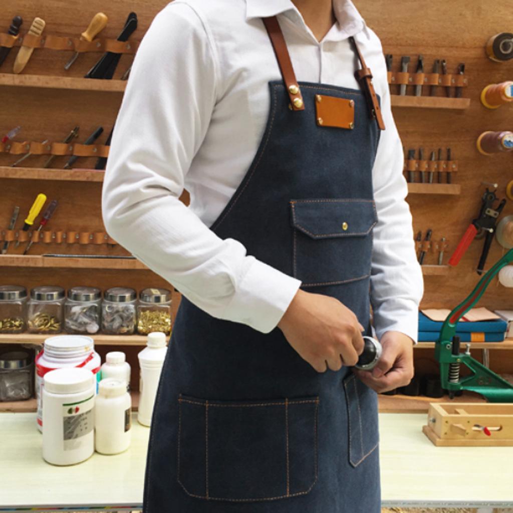 Women Denim Apron with Pockets Man Fully Adjustable Unique Design Denim Blue