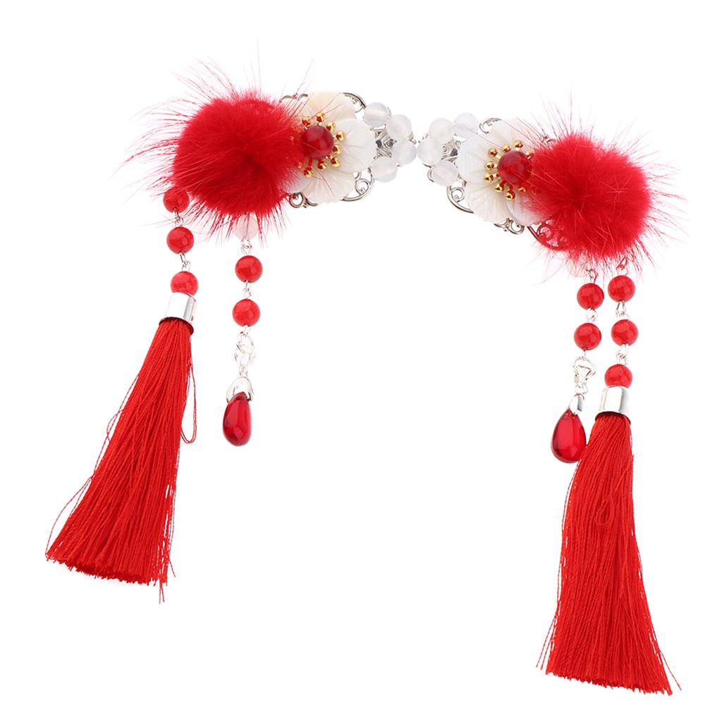 2x Chinese Flower Tassel Hair Clips