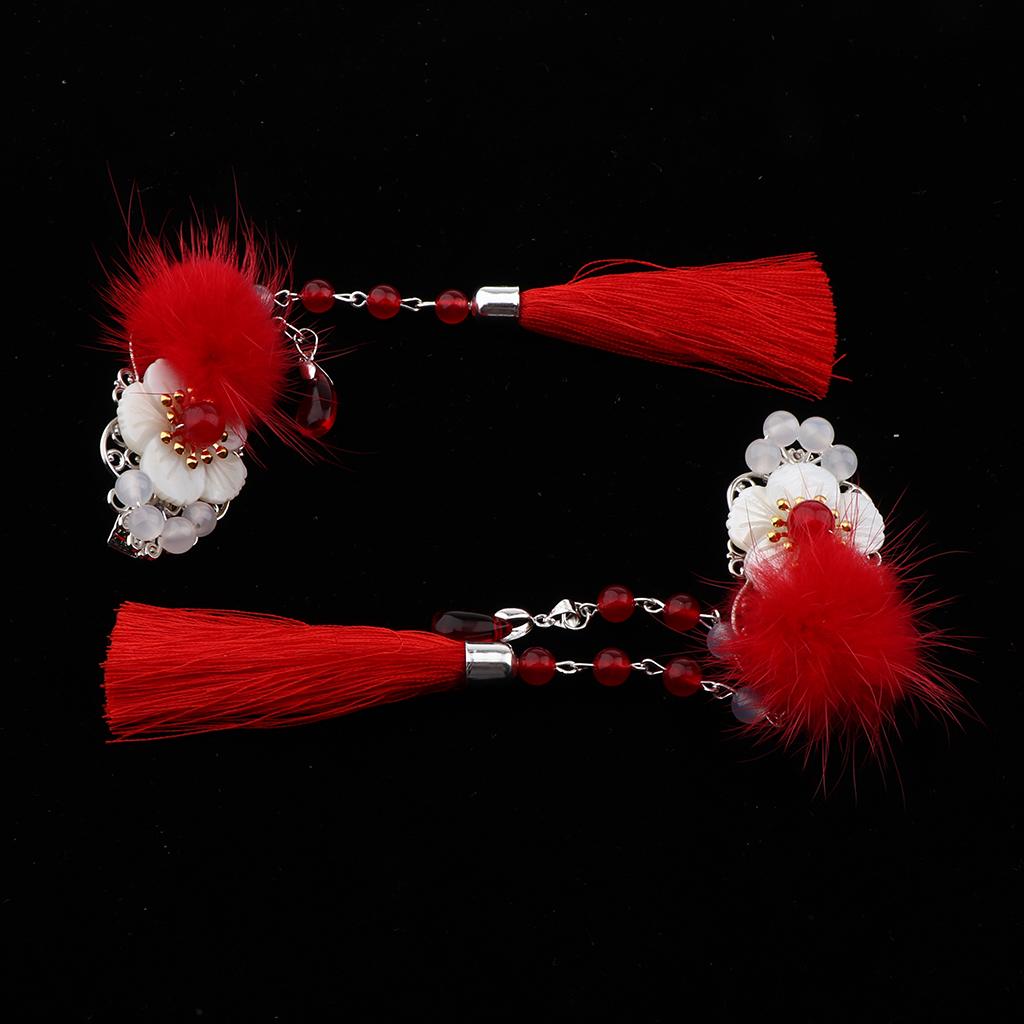 2x Chinese Flower Tassel Hair Clips