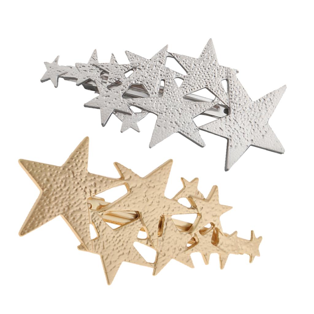 Womens Brushed Metal French Star Clips Spring Barrettes Ponytail Holder Gold