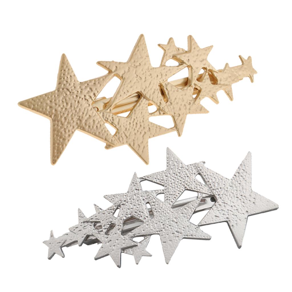 Womens Brushed Metal French Star Clips Spring Barrettes Ponytail Holder Gold