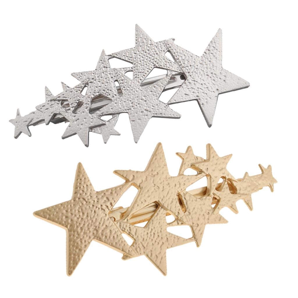 Womens Brushed Metal French Star Clips Spring Barrettes Ponytail Holder Gold