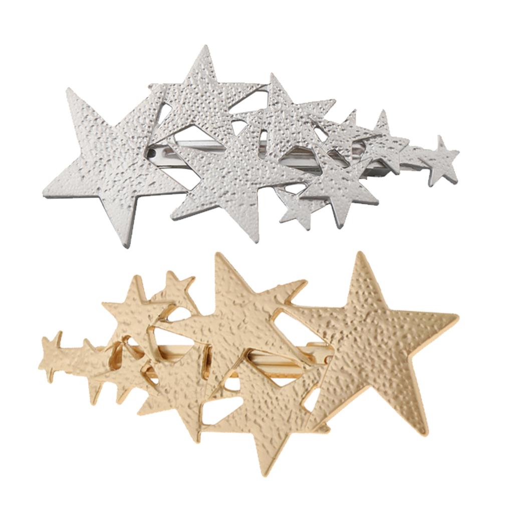 Womens Brushed Metal French Star Clips Spring Barrettes Ponytail Holder Gold