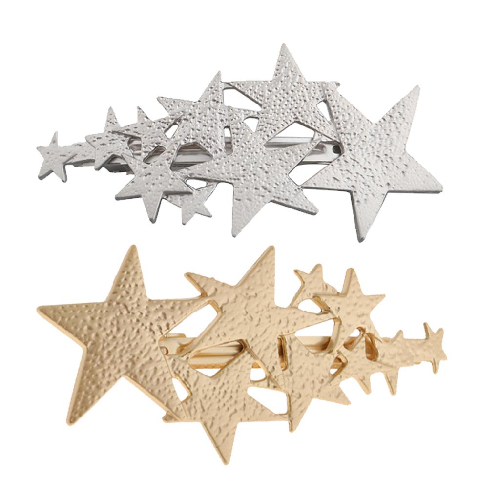 Womens Brushed Metal French Star Clips Spring Barrettes Ponytail Holder Gold